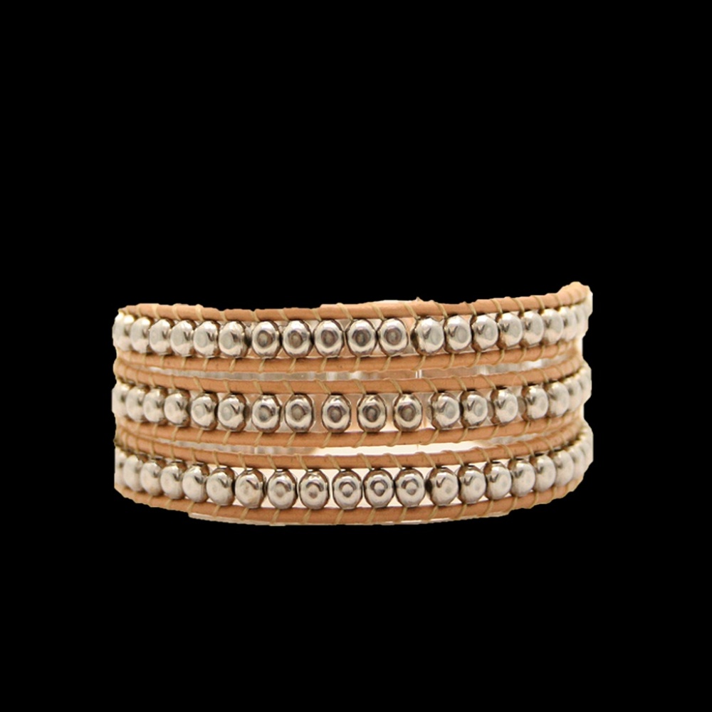 Hammered Metal 3 Wrap Bracelet Natural Leather NWT